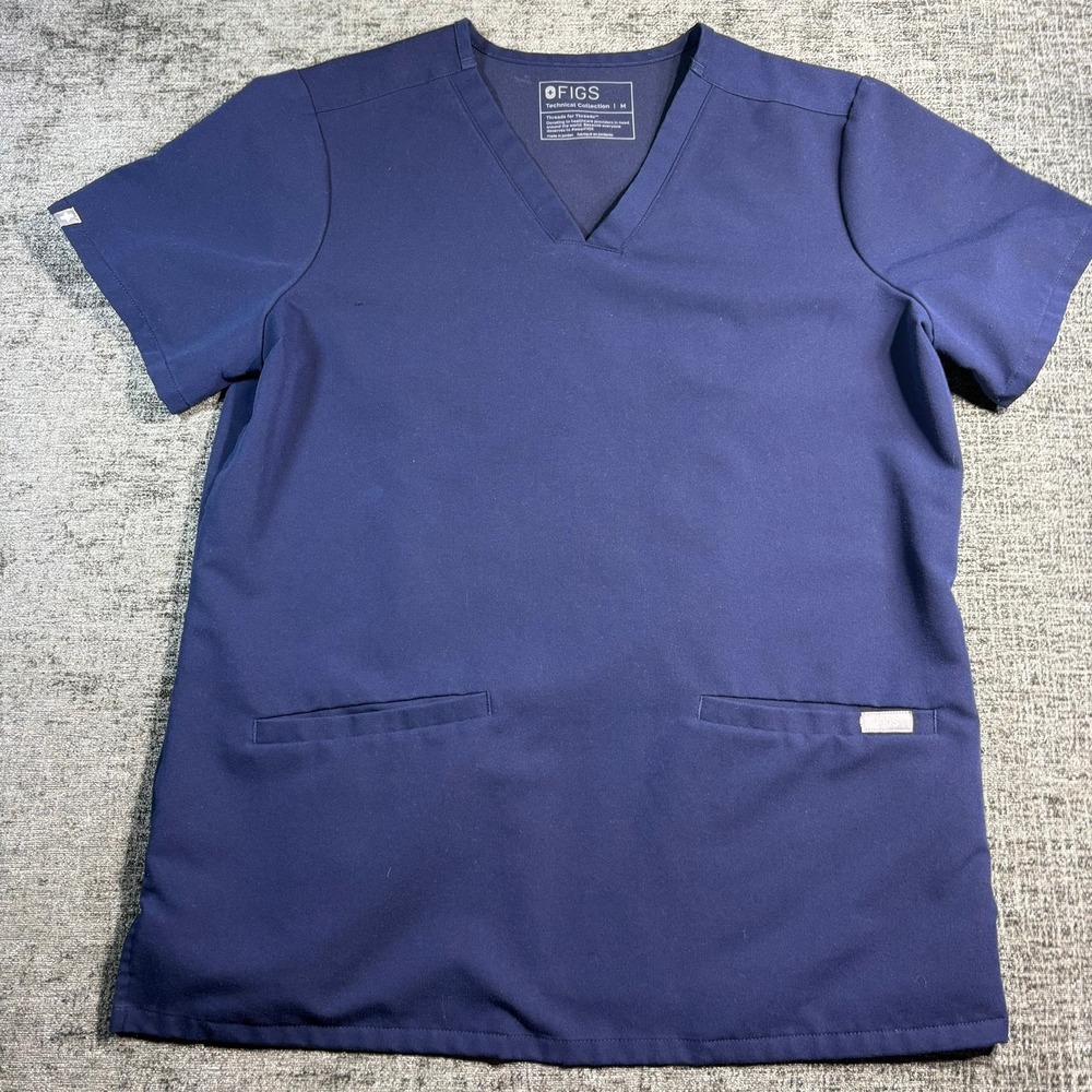 Figs Technical Collection Scrub Top Men Medium Navy Blue V-Neck Short Sleeve